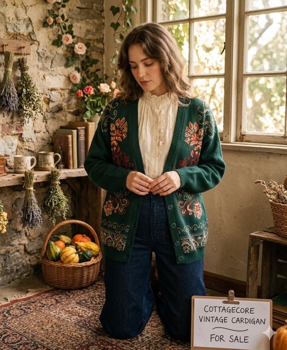 Vintage Grandma Cardigan Sweater Hunter Green Knit Womens Size Large